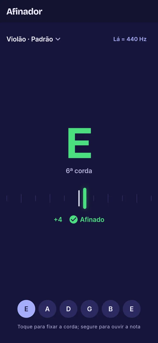Afinador marcando a corda Mi afinada