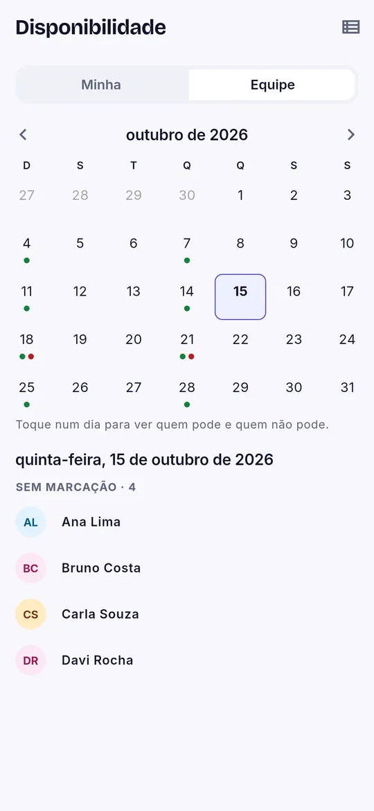 Calendário com a disponibilidade da equipe