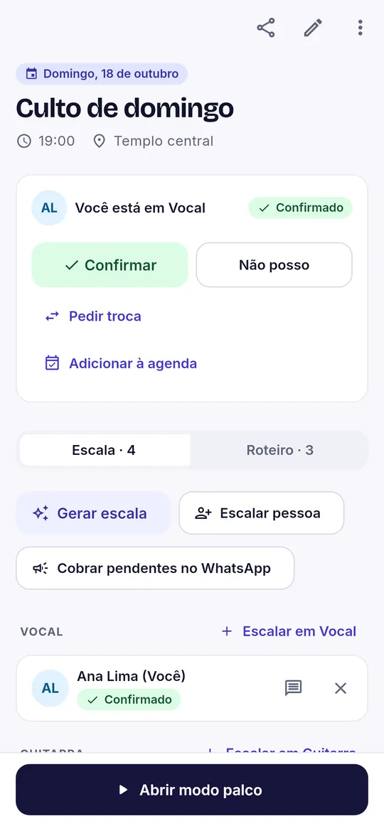 Tela de um evento com a escala e o botão de confirmar presença