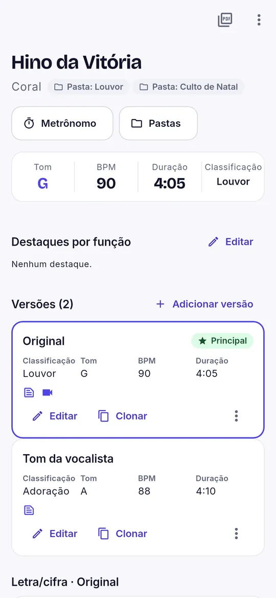 Detalhe de uma música com versões, tom e BPM